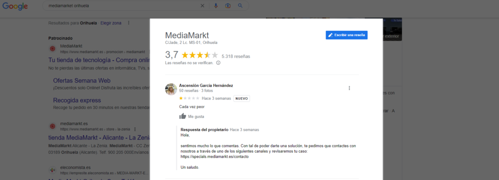 Cada vez peor | MediaMarkt Orihuela | Opiniones
