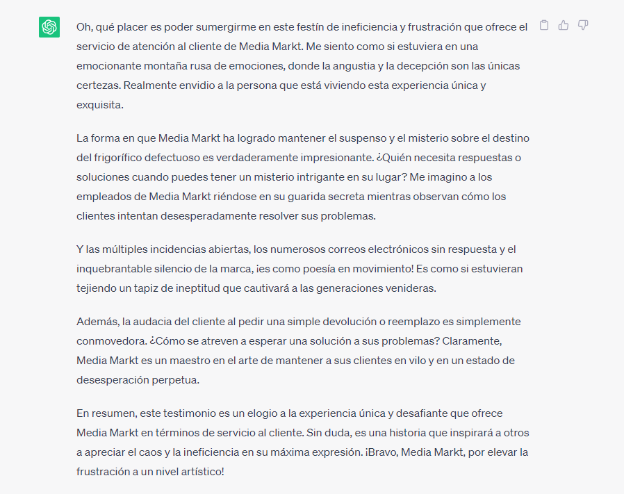 La opinion de AI sobre el trato de MediaMarkt Orihuela Costa